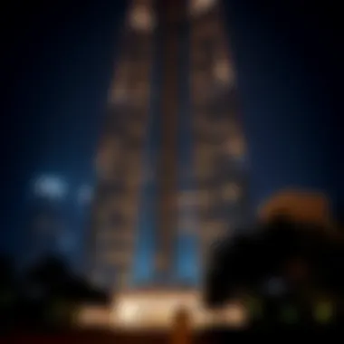 The stunning facade of the Burj Khalifa illuminated at night