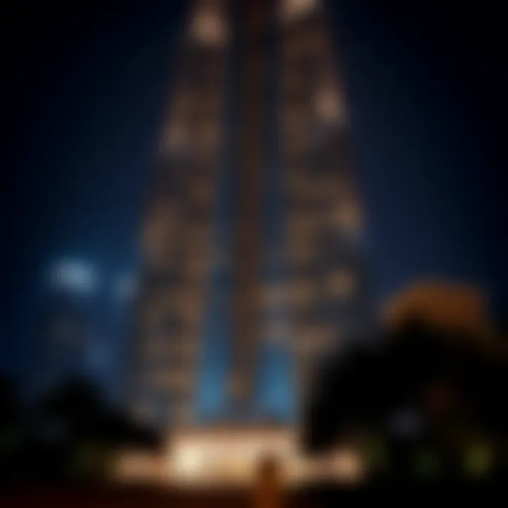 The stunning facade of the Burj Khalifa illuminated at night