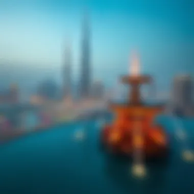 Panoramic view of the fontaines against the Dubai skyline