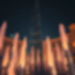 Spectacular view of Burj Khalifa's fontaines at night