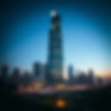Evening skyline of Dubai with Bythesea Tower illuminated, reflecting its unique position