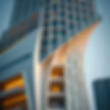 Close-up of Bythesea Tower's façade, emphasizing its innovative architectural features