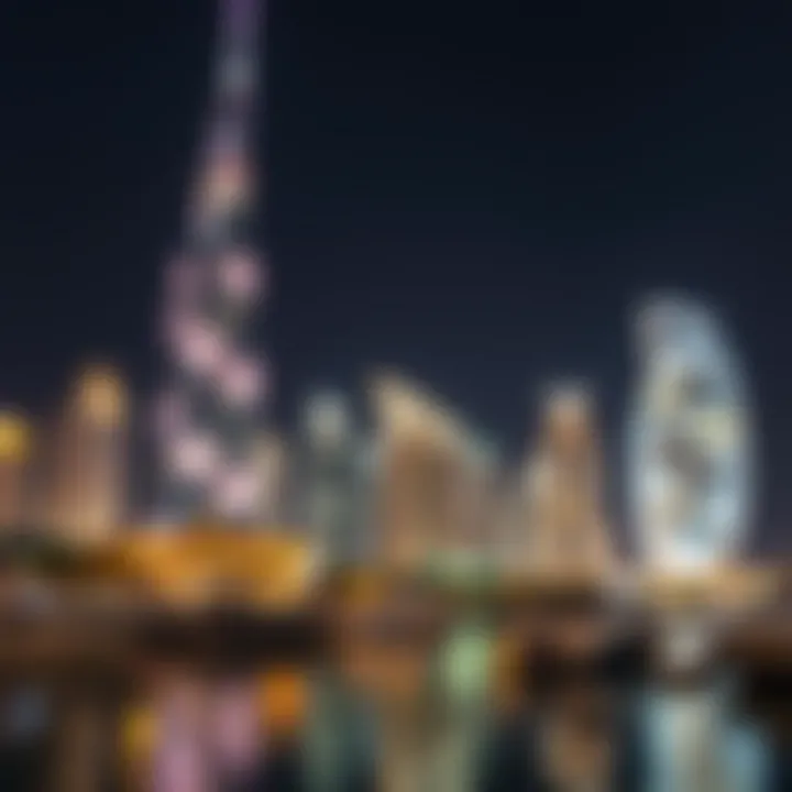 Nighttime view of Ciel Tower Marina illuminated, symbolizing Dubai's vibrant nightlife