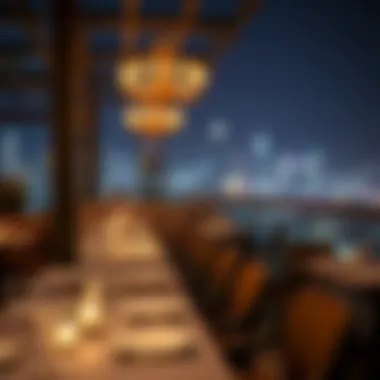 Elegant dining setup at a rooftop venue with city backdrop