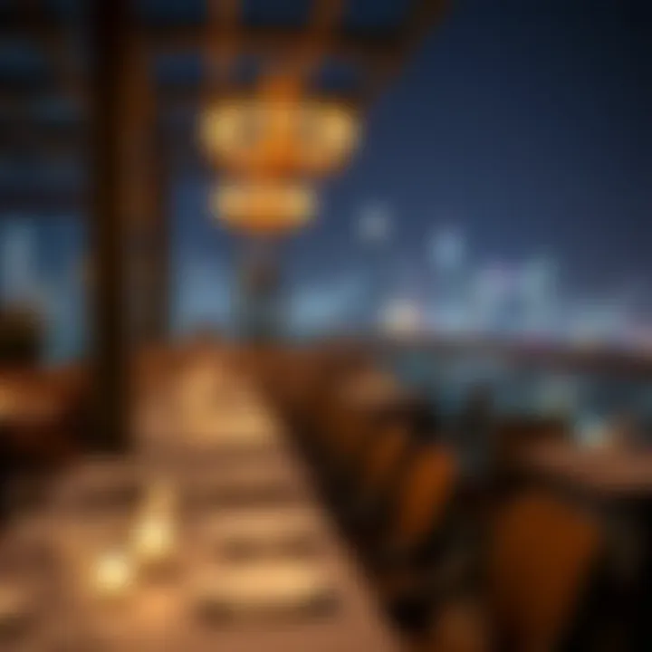 Elegant dining setup at a rooftop venue with city backdrop