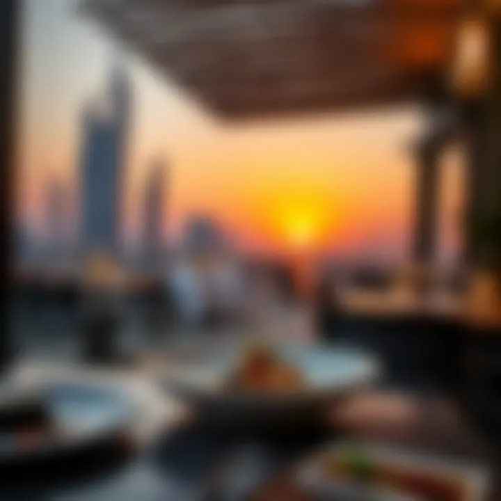 Gourmet dish served at a rooftop restaurant with sunset view