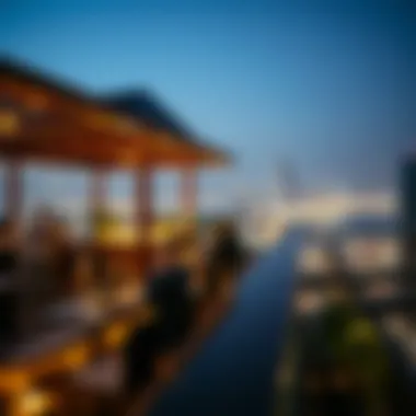 Luxurious rooftop bar scene with city lights