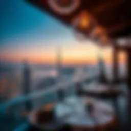 Panoramic view of Dubai skyline from a rooftop restaurant