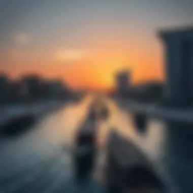 Sunset Over Dubai Waterways Sunset view over Dubai waterways with Abras