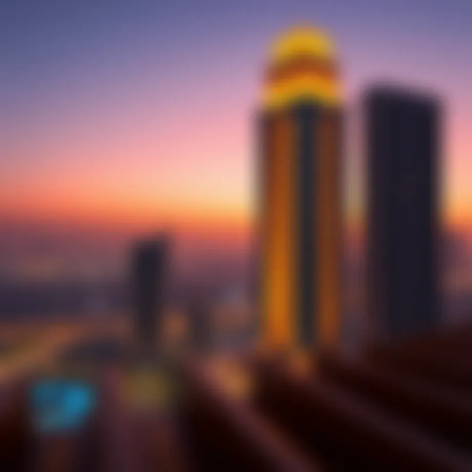 Stunning view of Al Warsan Tower at sunset