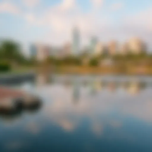 Serene view of Barsha Pond reflecting the skyline
