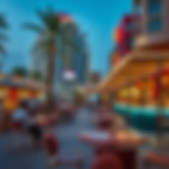 Vibrant lifestyle scene with outdoor dining and entertainment