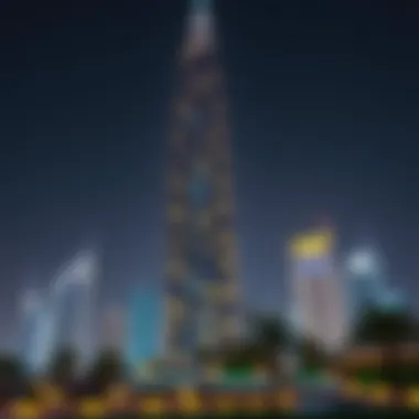 Night view of Casa Tower illuminated against the Dubai skyline