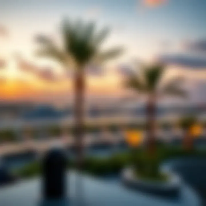 A panoramic sunset view from Damac Voleo emphasizing its location