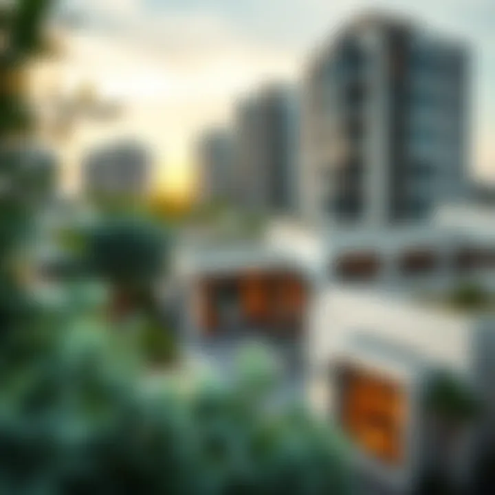 Modern residential area featuring green rooftops and gardens