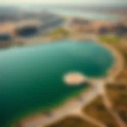 Aerial view of Mubazzarah Lake showcasing its serene waters and surrounding landscape.