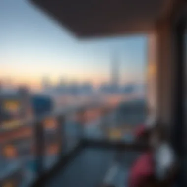 Balcony View of Dubai Skyline A cozy balcony view from a single-bedroom apartment overlooking the Dubai skyline