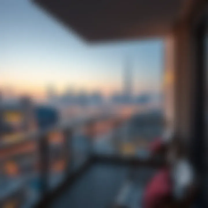 Balcony View of Dubai Skyline A cozy balcony view from a single-bedroom apartment overlooking the Dubai skyline