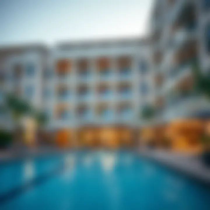 Community amenities in a Dubai residential area, including a pool and gym