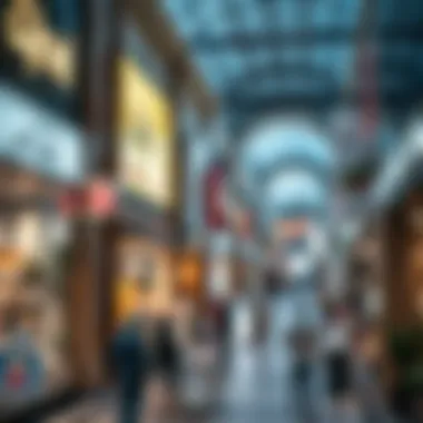 A bustling shopping street filled with diverse retail options