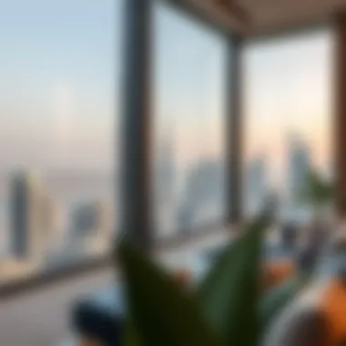 Panoramic view of Dubai skyline from a studio apartment
