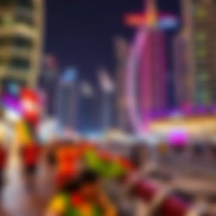 Vibrant nightlife with illuminated skyline and bustling atmosphere