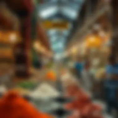A bustling market scene showcasing spices and herbs