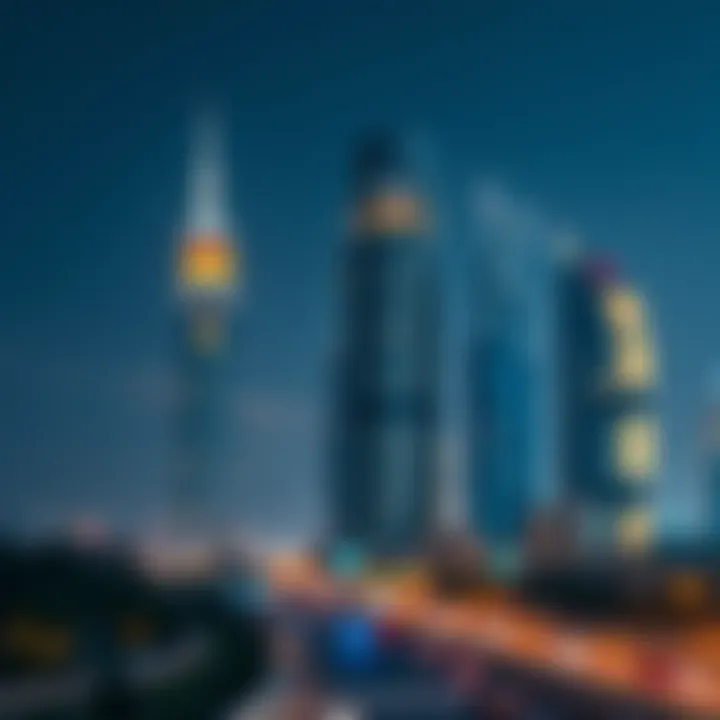 Dubai Night Skyline with Falcon Towers Night skyline of Dubai featuring Falcon Towers illuminated