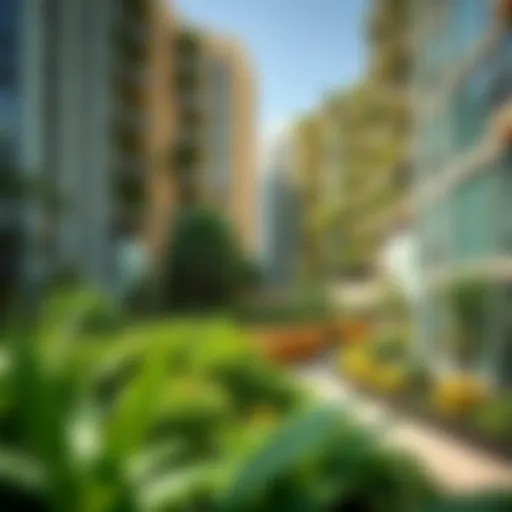 A lush green garden apartment complex in Dubai