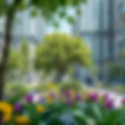 A vibrant urban park with diverse flora and people enjoying nature