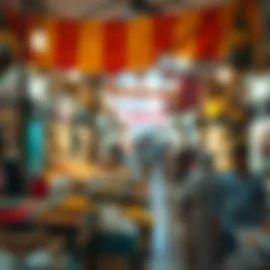 A bustling market scene at Global Village filled with diverse goods and cultural artifacts.