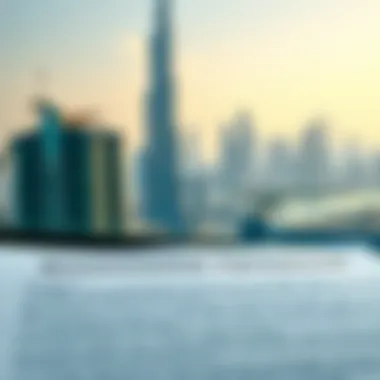 A close-up of a rental agreement with a Dubai skyline in the background
