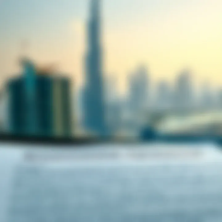 A close-up of a rental agreement with a Dubai skyline in the background