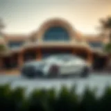 A sleek car parked in front of a luxurious hotel in Dubai