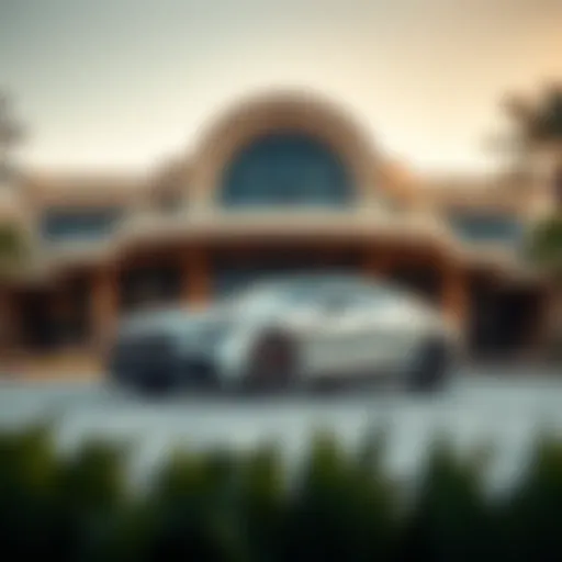 A sleek car parked in front of a luxurious hotel in Dubai