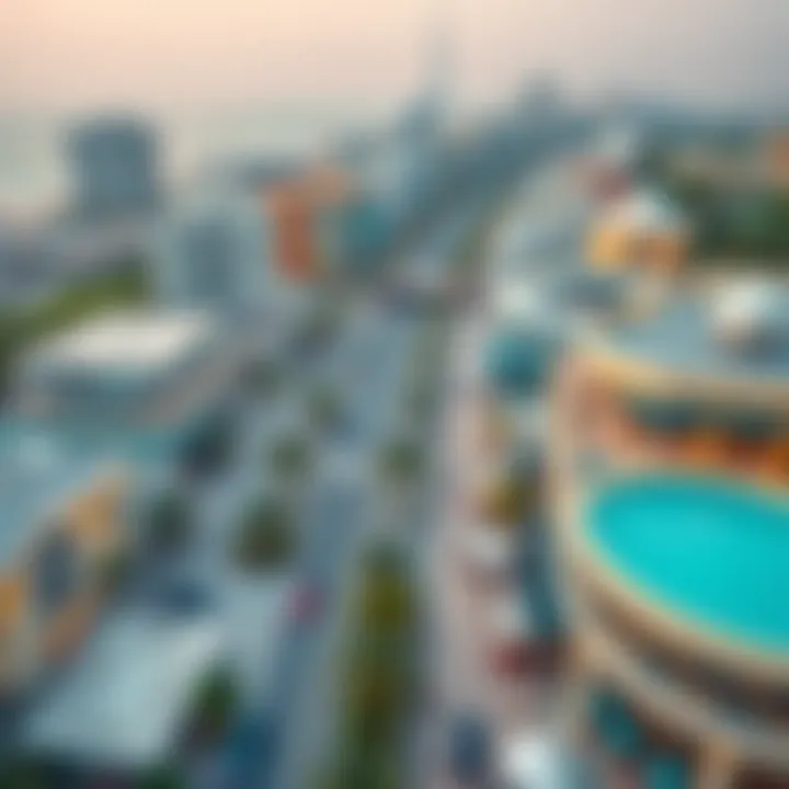 Aerial view of the bustling JBR Beach Walk lined with cafes and shops