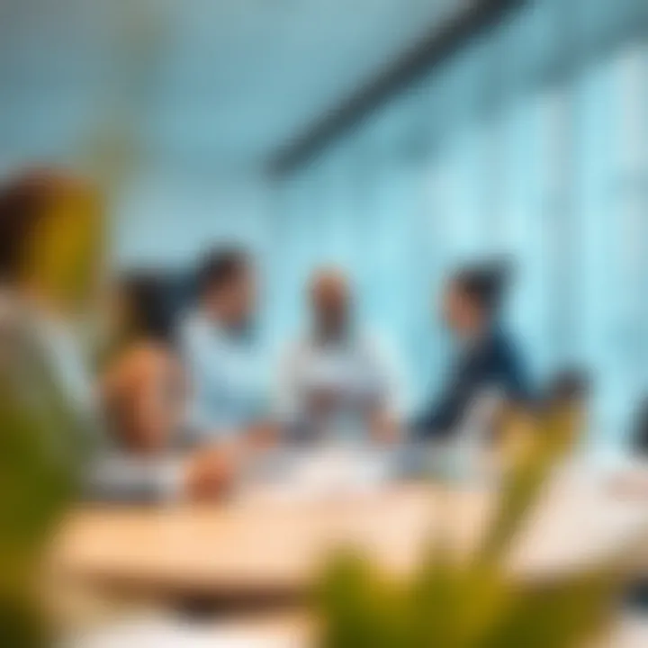 Market Insights: Professionals Analyzing Trends in Dubai Real Estate A busy real estate office with professionals discussing market trends