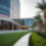 Exterior view of a luxurious office building in Dubai showcasing its modern architecture