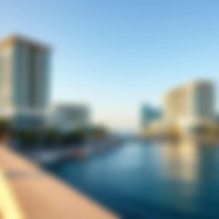 A panoramic view of Mina Abu Dhabi's waterfront showcasing modern architecture