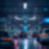 A busy parking garage showcasing advanced technology and digital signage