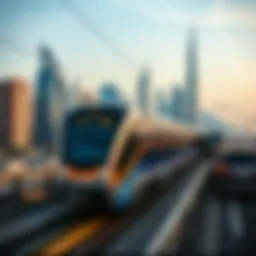 Metro train traversing the skyline of Dubai