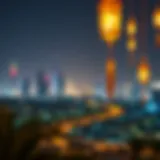 A serene view of Dubai during Ramadan with lanterns illuminating the night sky