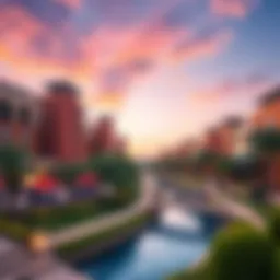 A panoramic view of Riverland, showcasing its vibrant architecture and scenic surroundings.