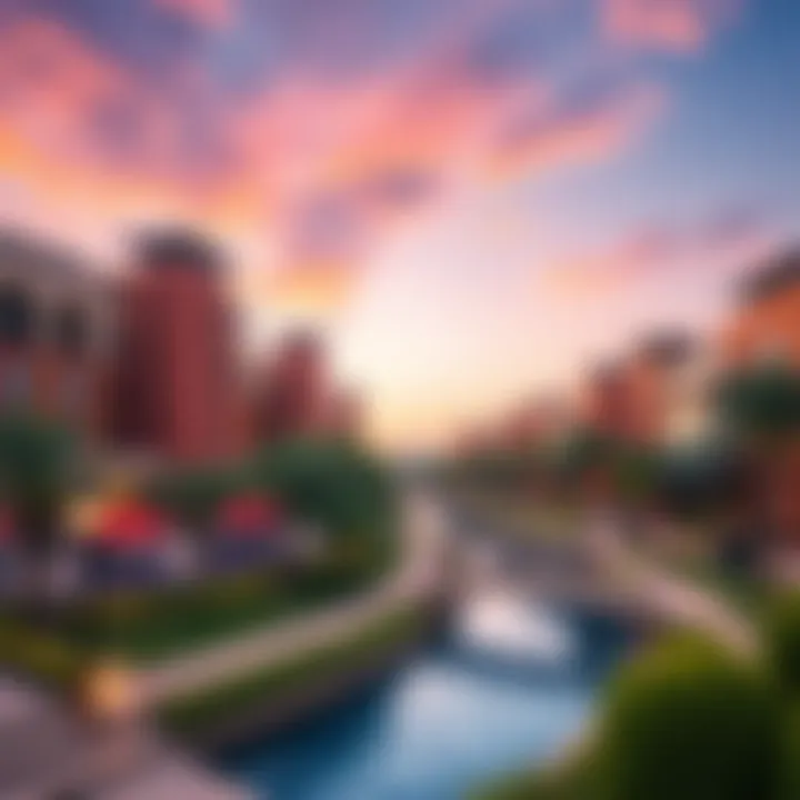 Vibrant Architecture of Riverland A panoramic view of Riverland, showcasing its vibrant architecture and scenic surroundings.