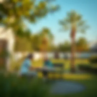 Residents enjoying outdoor activities in a green neighborhood