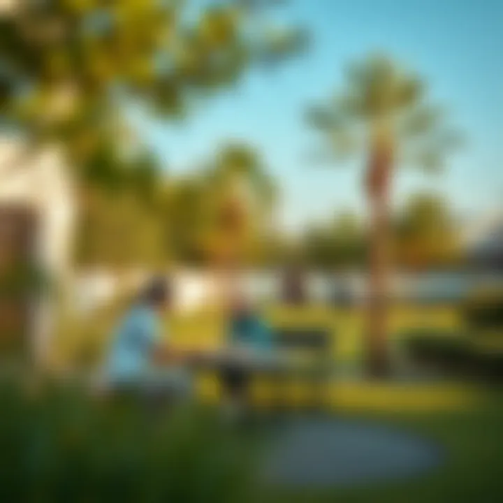 Residents enjoying outdoor activities in a green neighborhood