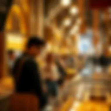 Visitors exploring various gold artifacts in the marketplace