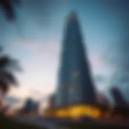 Stunning view of the Reflection Tower against a twilight sky