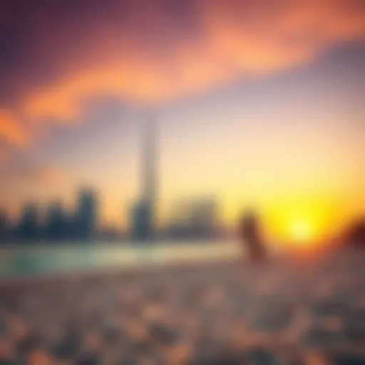 A stunning view of Dubai's urban beach at sunset, showcasing the skyline in the background