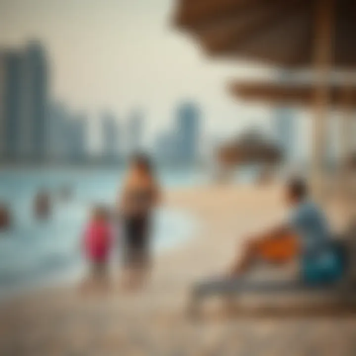 Local families enjoying leisure time on a city beach, highlighting community interactions